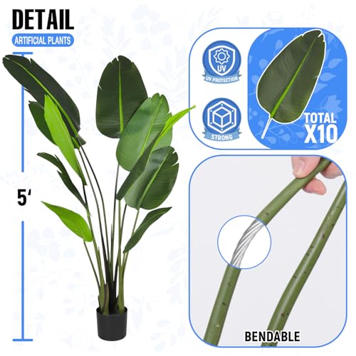 E&K 5FT Artificial Bird of Paradise Plant with Plastic Nursery Pot, Fake Banana Tree Artificial Plant Faux Palm Trees for Home Office Garden Indoor Outdoor Decor (1 Pack) - color: Bird of Paradise, size: 5ft