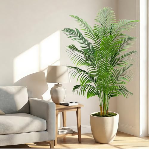 2 Pack Artificial Palm Tree Indoor Plant 7FT Tall Fake Tropical Palm Tree in Pot, Real Bark Design Faux Areca Palm Tree for Home Office Living Room Bedroom Farmhouse Modern Outdoor Topiary Tree - size: 7FT-2