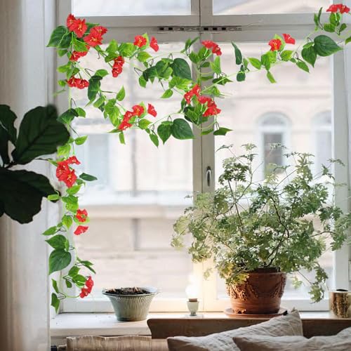 CISDUEO 2 Pcs Artificial Vines Silk Morning Glory Vines for Outdoor 15Feet Hanging Plants Garland Red Fake Green Plant Morning Glories for Home Decor Wall Fence Stairway Wedding Hanging Baskets - color: Red