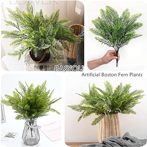 PASYOU Artificial Boston Fern Plants, Greenery Leaves Bamboo UV Resistant Fake Plastic Plant for Outdoors Indoor Hanging Planter Front Porch Garden Farmhouse Decoration 8 Pack - color: Boston Fern - 8 Pack