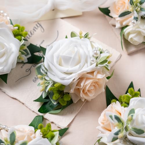 White Wrist Corsage, Set of 6, Homecoming Wrist Flower Girl/Mother Corsages Wristlet Décor Perfect for Bride Bridesmaids Wedding Guests Hand Flower, Proms, Party, Ceremony Anniversary - color: White & Champagne Wrist Corsage