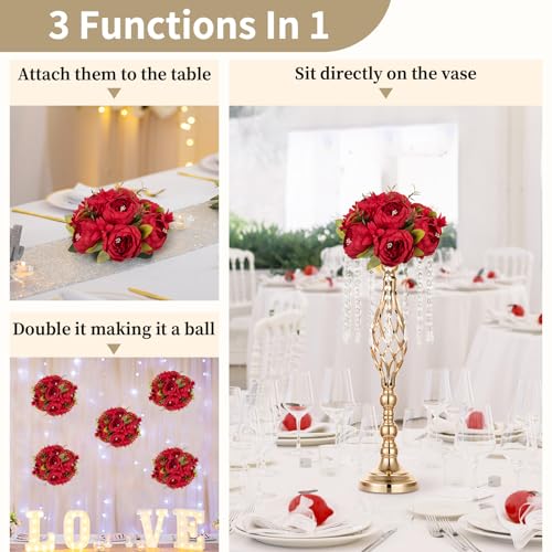 NUPTIO Peony Artificial Flowers for Centerpieces: 2 Pcs 9.4 inch Diam Red Faux Peony Flowers Fake Flower Balls Arrangement Bouquet Wedding Centerpieces for Tables Wedding Centerpiece Decorations - color: Red