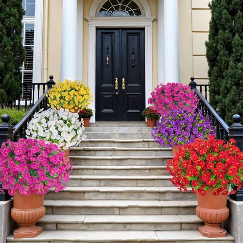 Ouddy Decor 24 Bundles Artificial Flowers for Outdoors Decoration Fake Silk Morning Glory Flowers Faux Eucalyptus Plants UV Resistant for Porch Patio Garden Spring Summer Home Decor, Multicolor - color: Multi Color