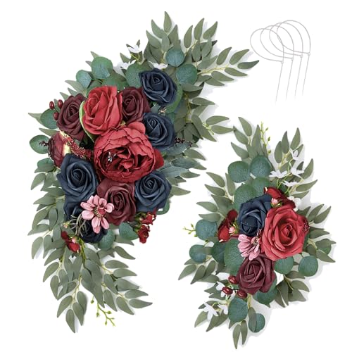 AitnWoy Artificial Wedding Arch Flowers Kit 2 PCS Dust Rose Flowers Silk Peony Floral Swag Welcome Sign for Wedding Ceremony Party Home Garland Decor - color: Holiday Red, size: 28" + 11"