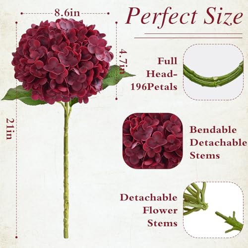 Waipfaru Red Burgundy Hydrangea Artificial Flowers, 21" Real Touch Hydrangea Flowers, Faux Hydrangea Flowers, Latex Hydrangeas All Season Fall Indoor & Outdoor Home Decor & Wedding Arrangement - color: Burgundy, size: 3pcs
