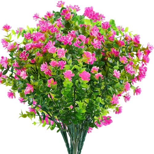 10PCS Artificial Eucalyptus Plants,Fake Boxwood Shrubs UV Resistant No Fade Faux Plastic Greenery for Wedding Bridal Bouquet Indoor Outdoor Home Garden Kitchen Office Table Vase(Pink) - color: Pink