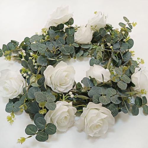 Artificial Eucalyptus Flower Garland with White Roses, Fake Rose Flower Vine, Faux Floral Greenery Garland for Table Centerpiece Wedding Home Party Wall Arch Decor