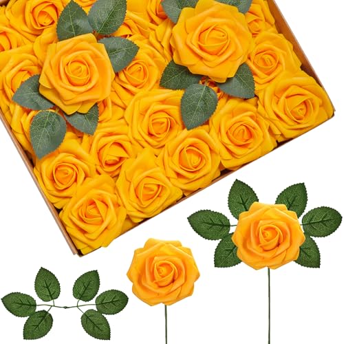 InnoGear Artificial Flowers, 50 Pcs Yellow Foam Fake Roses Bulk with Stems for Autumn Fall Decoration DIY Wedding Bouquets Centerpieces Bridal Shower Party Christmas Tree - color: Yellow