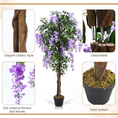 Thiccywoov 1 Pack 5ft Artificial Wisteria Tree Tall Fake Tree with Cement Base Pot Faux Floor Plant Decoration for Indoor Outdoor Home Office Housewarming Gift - color: Natural Green Leaves With Purple Flowers