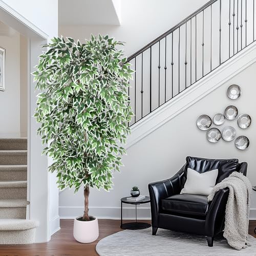 Jocoevol 7FT Artificial Ficus Tree, Tall Faux Trees Indoor with White Planter, Dried Moss, Natural Silk Leaves & Trunk, Fake Plants for Home Living Room Office Corner Decor Housewarming Gift - color: White Border, size: 7ft