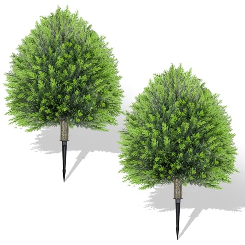 25.6" Artificial Cedar Topiary Ball Plants: Set of 2 Fake Cypress Bushes with Spike – UV Resistant Artificial Shrubs, Evergreen Fake Tree for Outdoor Indoor Porch Garden Balcony - color: Pine