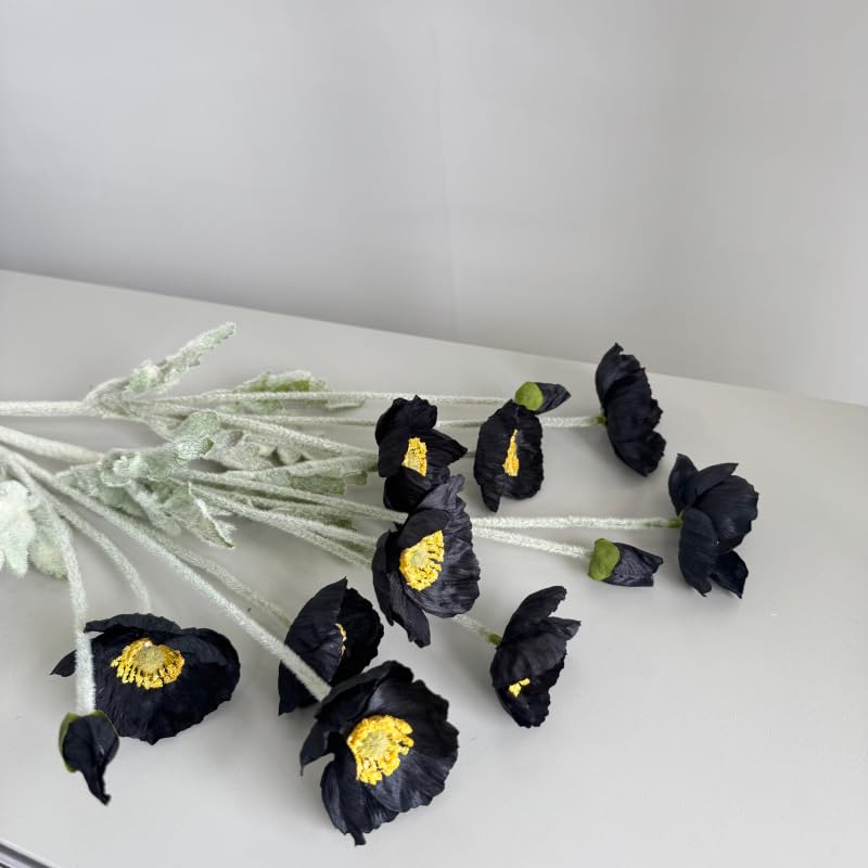Poppy Flowers Artificial,Poppy Silk Flowers with Stems，Ranunculus Artificial Flowers，Faux Flower Stems for Wedding,Party, Outdoor Indoor Decor Flower Arrangements for Table (3, Black) - color: Black