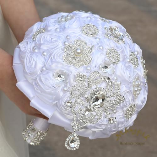 Bridal Wedding Bouquet Round Bling Brooch Bouquet Artificial Rose Flower Bunch for Bride Bridesmaid Wedding Quinceanera(White, 7.5") - color: White, size: Small (Dia. 7.5"/19cm)