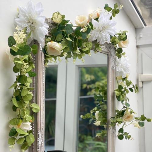 Artificial Flower Garlands, Rose Flower Vine, Artificial Eucalyptus Garland with Flowers, 6' Floral Garland for Wedding Decor Home Table Runner Mantle (White)