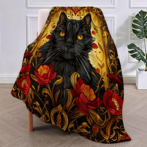 Black Cat Fleece Blanket Gifts, Halloween Black Cat and Floral Design, Soft Cat Throw 60x80 inches, Halloween Decor - Gold and Black - color: Color446, size: 60"x80"