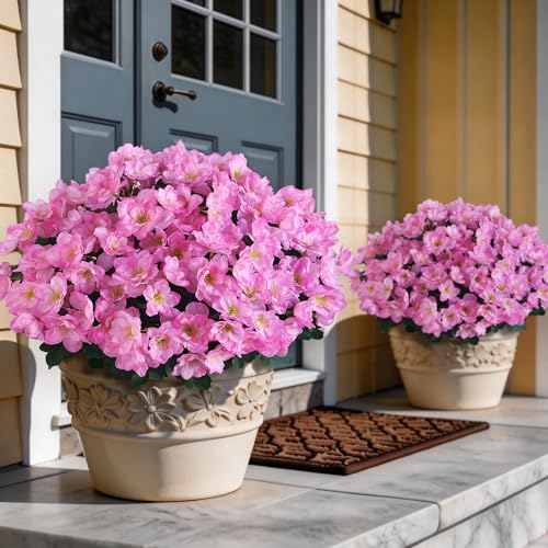 YXZZWL 16 Bundles Artificial Flowers for Front Door, Fake Silk Azalea Bouquet Silk Flowers for Outside UV Resistant Realistic Faux Plants for Planter Farmhouse Patio Garden Walkways Home Decor (Pink) - color: Pink
