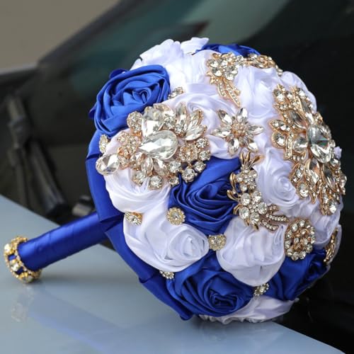 6.3in Small Bridal Bouquet Wedding Handmade with Luxury Gold Rhinestone Brooch Satin Rose Flower for Bridesmaid Bridal Wedding Bouquet White and Royal Blue - color: White & Royal Blue, size: Small (DIA. 6.3"/16cm)