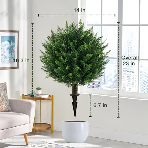 2PCS UV Resistant Fake Bushes Artificial Shrubs for Outdoors | Cedar Topiary Ball Trees / Faux Greenery / No Fade / Sturdy Build / No Maintenance / with Spike / Front Porch Decor - color: Cedar 2pack