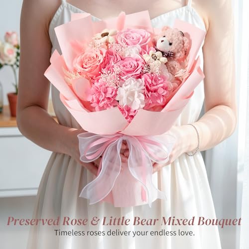 Lewondr Preserved Flowers Bouquet with Bear, 3 Real Forever Flowers for Delivery, Long-Lasting Pink Eteranl Roses Bouquet, Anniversary Birthday Gifts for Girlfriend Best Friend Women Mom Her Wife - color: Dusty Pink