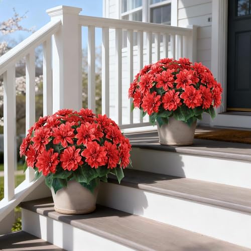 2 Set of Artificial Dahlia Topiary Ball Trees - Fake Silk Dahlia Flower Bushes, UV Resistant Faux Floral Shrub Potted for Front Door Porch Farmhouse Wedding Outdoor Decor (Red) - color: Red
