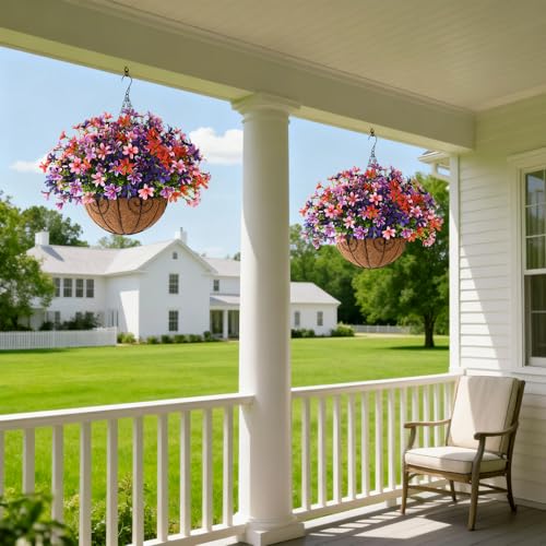 INQCMY Artificial Hanging Flowers for Outdoors, 6 Bundles UV Resistant Artificial Hanging Baskets,All Weather Fake Flowers for Patio, Porch, Yard, Window Box,Home for Spring Summer Decoration. - color: Light Red Purple Red Pink