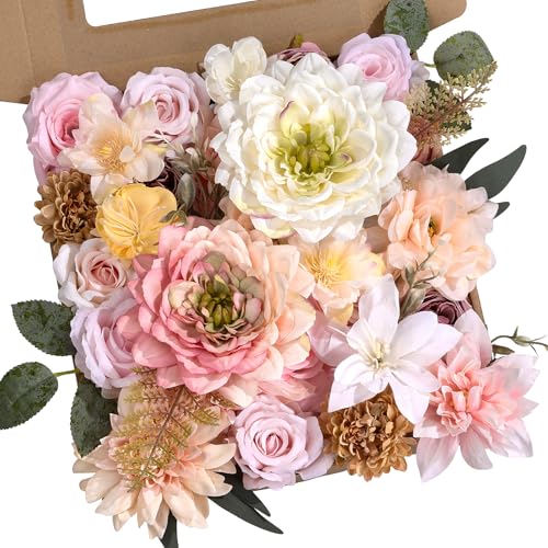 Light Pink Flowers Artificial Roses Combo Set Fake Pink Silk Flowers Faux Flowers Mix Dahlia with Stems for Wedding Bouquets Baby Bridal Shower Party Floral Arrangements Decor - color: Light Pink, size: The Modern Classic