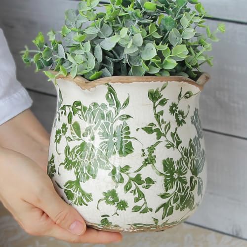 Xiaan Jiaju Tuscan Ceramic Plant Pots, 6.11 Inch Vintage Planters with Drainage Hole for Indoor Plants, Farmhouse Green Scroll Vase & Flower Pots, Home Kitchen Garden Decor, Plant Lover Gifts - color: Green