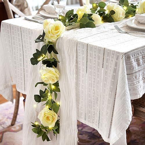 FiveSeasonStuff Product Image 29 Ft 4 Pack Cream White Rose Silk Flower Garland Artificial Flowers Decoration Hanging Floral with 66 feet String Lights - color: Cream White With String Lights