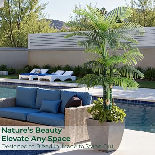 6FT Tall Triple Golden Cane Palm Tree (1 Pack), Large Faux Plants, UV Resistant Indoor/Outdoor Fake Plant in Black Cement Pot - Realistic Tropical Decor for Patio, Living Room, Office - color: 6ft Golden Cane Palm - 1 Pack, size: 6ft