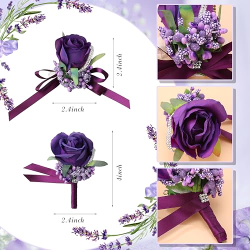 Geosar 20 Pcs Wedding Corsage and Boutonniere Set Homecoming Artificial Corsage Wristlet and Boutonniere for Men Women Bride Bridesmaid Wedding Flowers Accessories Prom Suit Decorations (Purple) - color: Purple
