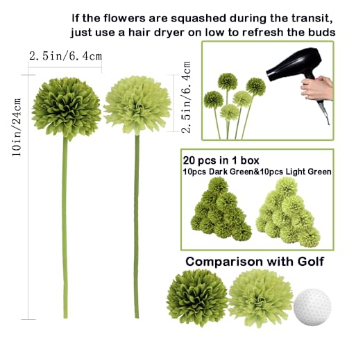 20Pcs Artificial Silk Chrysanthemum Ball Flowers Fake Mums Stem for St Patricks Day Arrangements Wedding Bouquets Home Kitchen Garden Table Floral Centerpieces (Dark Green&Green) - color: Dark Green&green