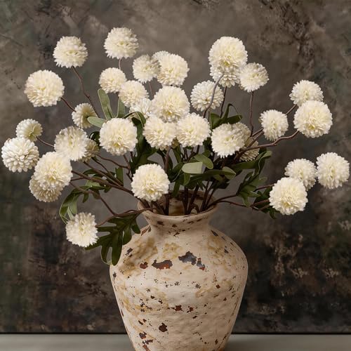 6 Pcs Faux Silk Pompon Mum Artificial Flowers, Silk Small Mini Chrysanthemum Ball with Long Stems, for Wedding Champagne Arrangements Bouquets Centerpieces Home DIY Decorations, No Vase, White - color: White