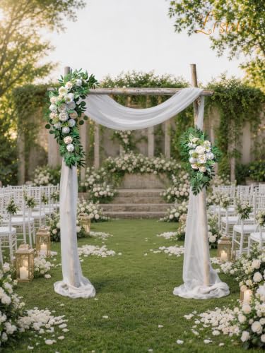 Lisuun Artificial Wedding Arch Flowers with Chiffon Runner, Pack of 3 | Includes 2 Flower Swags, 1 20ft Chiffon Runner and Zip Ties for Wedding Arches, Arbors and Backdrops - color: Pure White