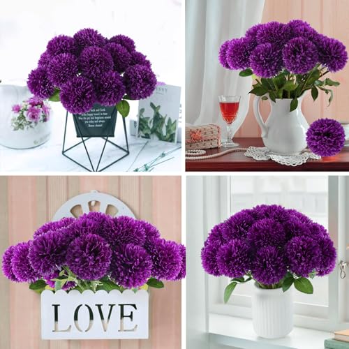 Hananona 12 Pcs Artificial Chrysanthemums Flowers Purple Flowers, Fake Mums Silk Vintage Flower for Home Decor Indoor Floral Arrangement Table Centerpiece (12, Purple) - color: Purple