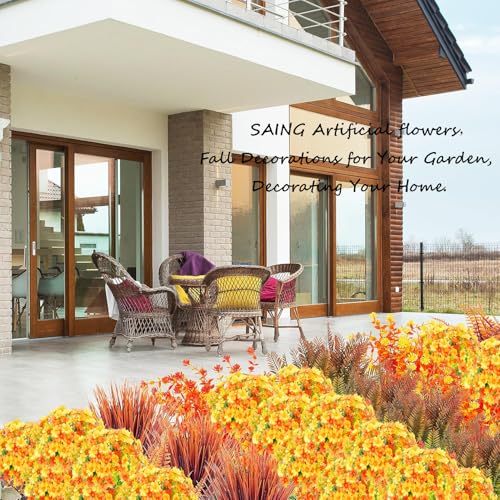 6 Bundles Silk Daisy Mums Artificial Fake Flowers UV Resistant Outdoors Decorations Faux Flowers for Thanksgiving Garden Porch Front Door Window Box Hanging Planters (Orange) - color: Orange
