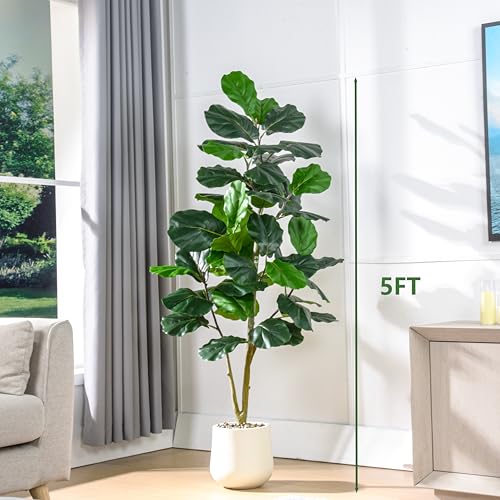 Artificial Fiddle Leaf Fig Tree 5FT, Large Realistic Faux Ficus Lyrata Plant with Pot Large Faux Plant for Indoor Outdoor Home, Office, Living Room, Bathroom Decor - color: White, size: 5FT