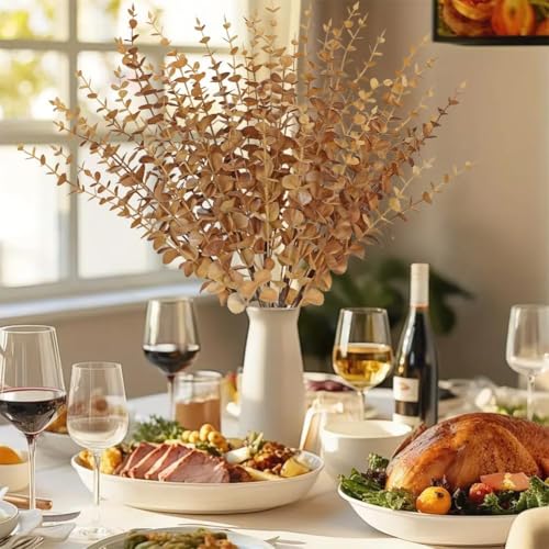 GnFlus 5 Pcs Artificial Eucalyptus Stems Fall Eucalyptus Leaves Autumn Leaf Branches Fall Decorations with Foam Fall Leaves for Home Floral Arrangement Autumn Festival Thanksgiving Decor Brown - color: Bro'w'n