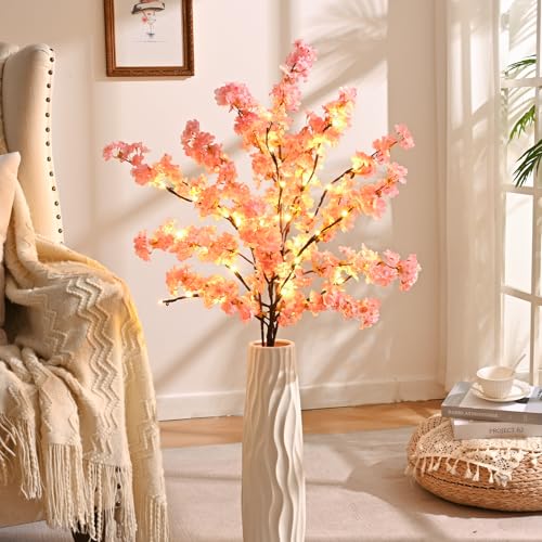 Sunm Boutique 3 PCS Silk Cherry Blossom Branches - Lighted Brown Twig Branches, Artificial White Flower Stems, 39'' Faux Tree for Wedding Home Decor - color: Pink Cherry Blossom With Tree Led Light, size: Pack of 3