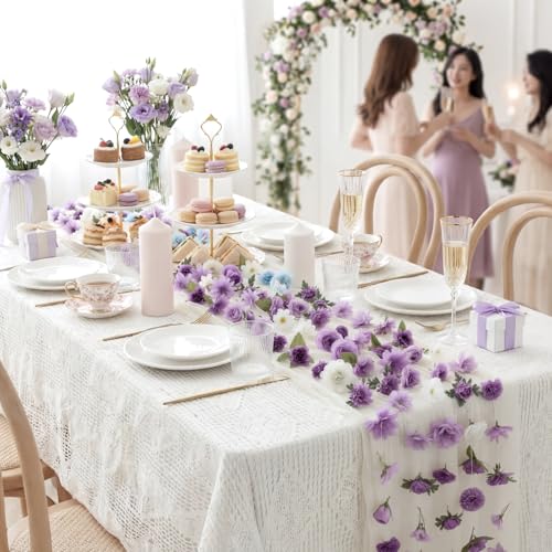 6 Pcs 35.4 Inch Artificial Purple Flower Garlands with 3 Pcs 10 Ft Wedding Tulle Table Runner Wildflower Vines Floral Table Runner Garlands for Wedding Bridal Shower Spring Tea Party - style: Purple Wildflower