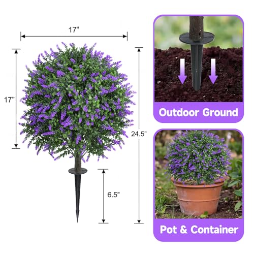 Dense Foliage Artificial Lavender Topiary Ball Trees 24 Inch, 2 Pack UV Resistant Fake Plants Outdoor, Faux Bushes with Ground Spike for Garden, Patio, Porch, Yard Decor - color: Lavender