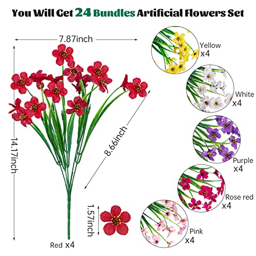 Lnoicy 24 Pcs Artificial Flowers for Outdoor,Plastic Flowers Decoration, UV Resistant Faux Flowers Shrubs, Artificial Plants for Indoor Outside Garden Home Wedding Farmhouse（6 Color） - color: Mix Colors, size: 24