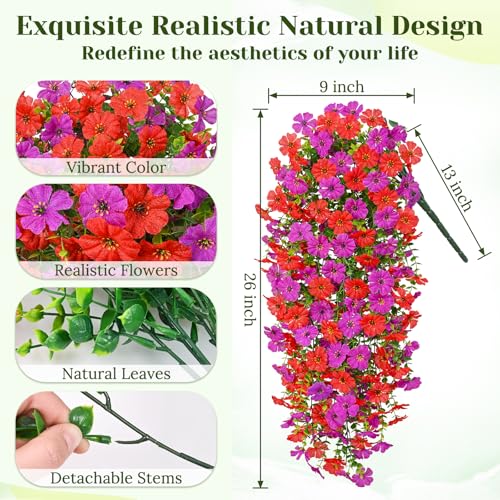 Dolicer 4 Pcs Look Real Artificial Flowers for Outdoors, Realistic Fake Artificial Hanging Flowers for Outdoors UV Resistant Silk Faux Hanging Plants Flowers for Porch Patio Garden (Purple+Red) - color: Purple+red, size: 4 Pcs