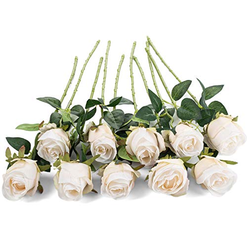 10pcs Artificial Rose Flowers Long Stem Fake Silk Roses for DIY Wedding Bouquet Table Centerpiece Home Decor (White) - color: White