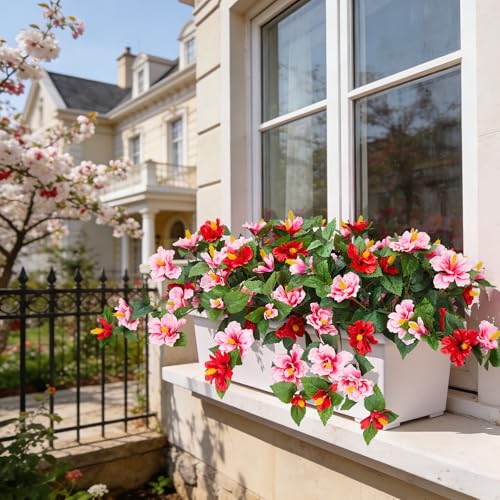 INXUGAO Artificial Flowers for Outdoors Indoors,2 Bunches Fake Hibiscus with Realistic UV Resistant Silk Flower Fabric Leaves,Faux Plants Outside for Home Patio Garden Yard Front Poch Decor(Red,Pink) - color: Hibiscus Red & Pink