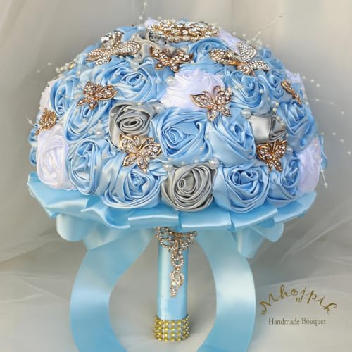 Handmade Wedding Flowers Bouquet Round Holding Bridal Bouquet Artificial Satin Roses Bunch for Bride Bridesmaid Wedding Quinceanera - color: Light Blue, Silver & White, size: Small (Dia. 7.5"/19cm)