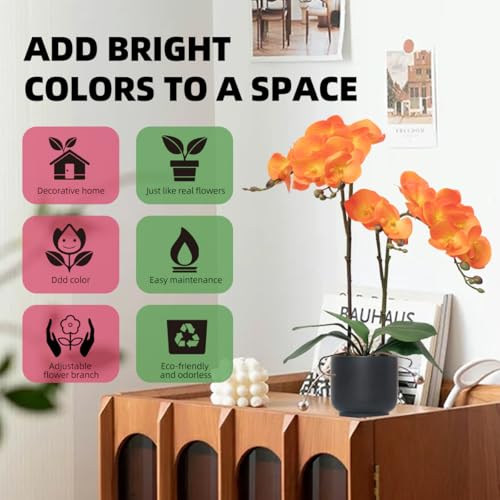 CXGS Orchids Artificial Flowers Real Touch Fake Flowers in Ceramic Pot 20" Orange Faux Orchid Plant Lifelike Silk Phalaenopsis for Centerpiece Hotel Home Indoor Decor - color: Orange- Black Vase