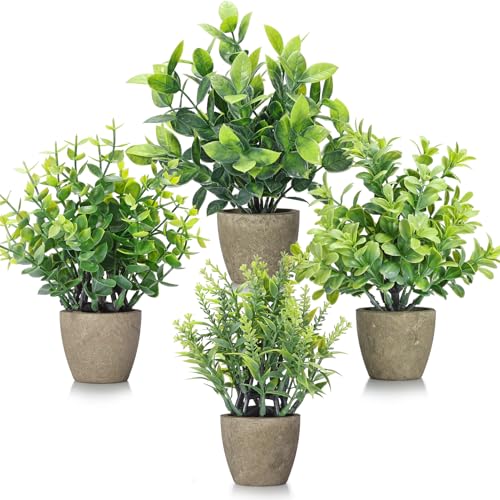 FAVOWREATH 4 Pack Fake Plants Ceramic Mini Artificial Greenery Potted Plants for Home Decor Office Decor Room Decor Farmhouse Decor Indoor Table Bathroom Decor - color: Grey