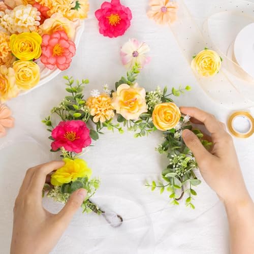 ATTGREAT Fake Flower Heads Mini Silk Flowrs Bulk Small Flower 3D Loose Faux Daisy Rose Sunflowers Plum Blossoms Craft for Wedding Party Cake Baby Shower Home Decor, 110Pcs(Orange) - color: Orange