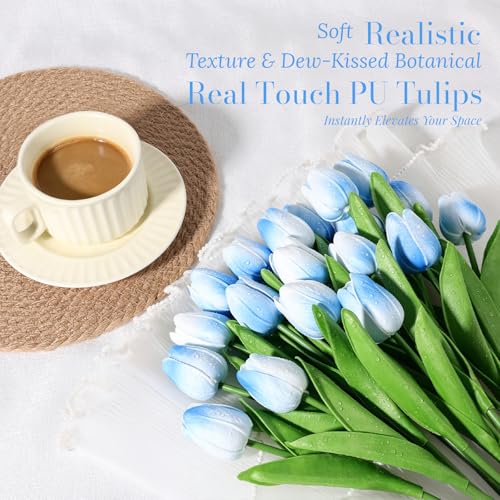 Beferr 18pcs Tulips Artificial Flowers Faux Tulip Real Touch Tulip Fake Flowers Bouquets Arrangements for Mothers Day Spring Easter Wedding Home Table Decor Blue - color: E-18pcs-3colors-mix Blue, size: 18PCS
