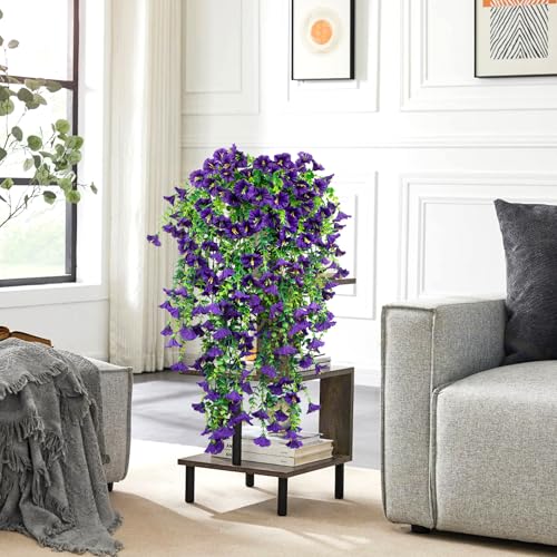 4 Pack Artificial Faux Hanging Flowers Plant for Outdoor, Fake Silk Morning Glory with Eucalyptus UV Resistant Realistic Trailing Vine for Wall Home Porch Patio Balcony Yard Indoor Decor, Purple - color: Purple